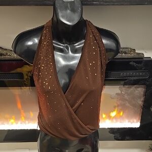 Wet Seal Brown Wrap Top with Gold Details